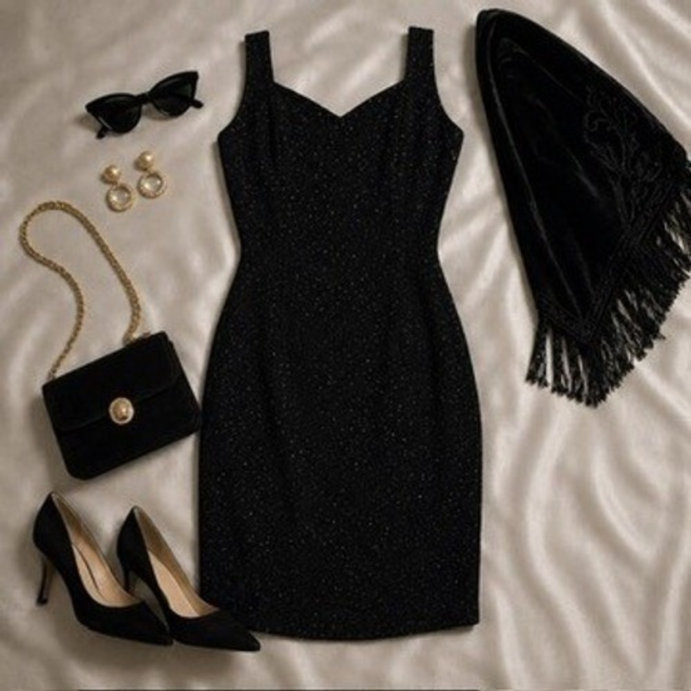 David Warren Petites Vintage 90s Black Shimmer Cutout Back Cocktail Dress 8P
